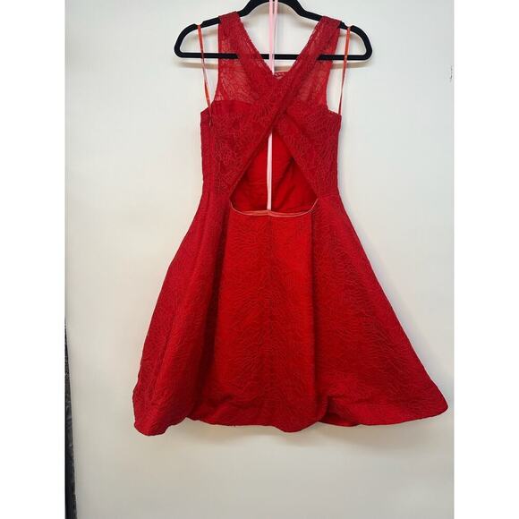 Monique Lhuillier Red Lace Flare Bateau Neckline Knee-Length Dress - Picture 6 of 10